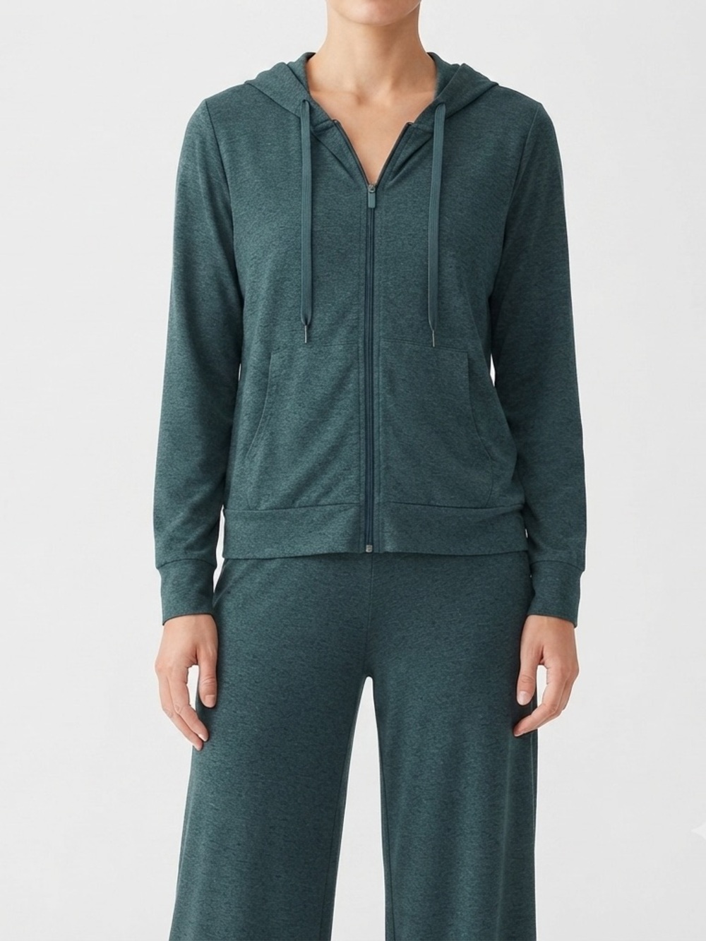 QUINCE Flowknit Zip Up Jacket & Wide Leg Pants Heather Green Set Sz L Comfy